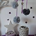 mobile pompons tulles étoiles gris argent violet - décoration chambre enfant bébé fille violet gris argent 2