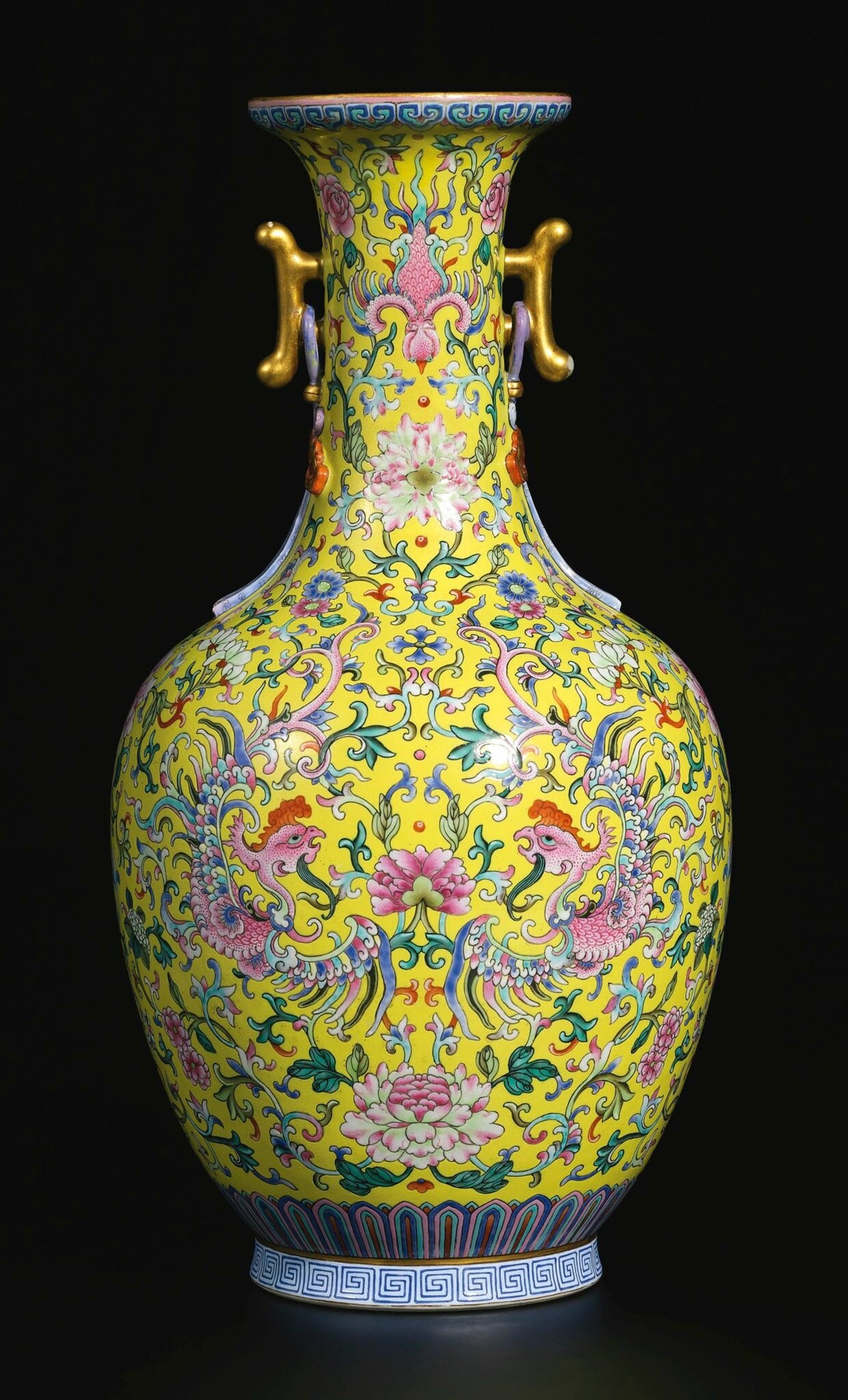 A brilliantly enamelled yellowground famillerose 'phoenix' vase, Seal