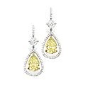 Pair of platinum, 18 karat gold, fancy yellow diamond and diamond earrings