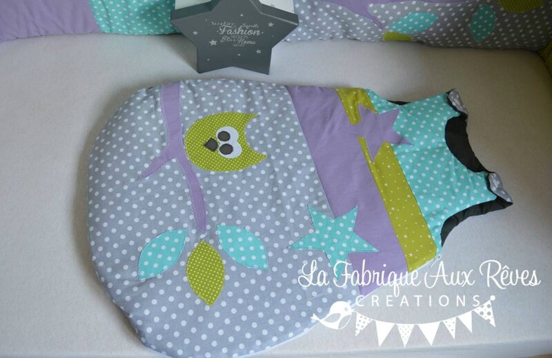 gigoteuse turbulette 0-6 mois hibou étoiles turquoise caraïbe vert anis parme gris