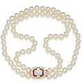 Collier perles de culture, rubis et diamants