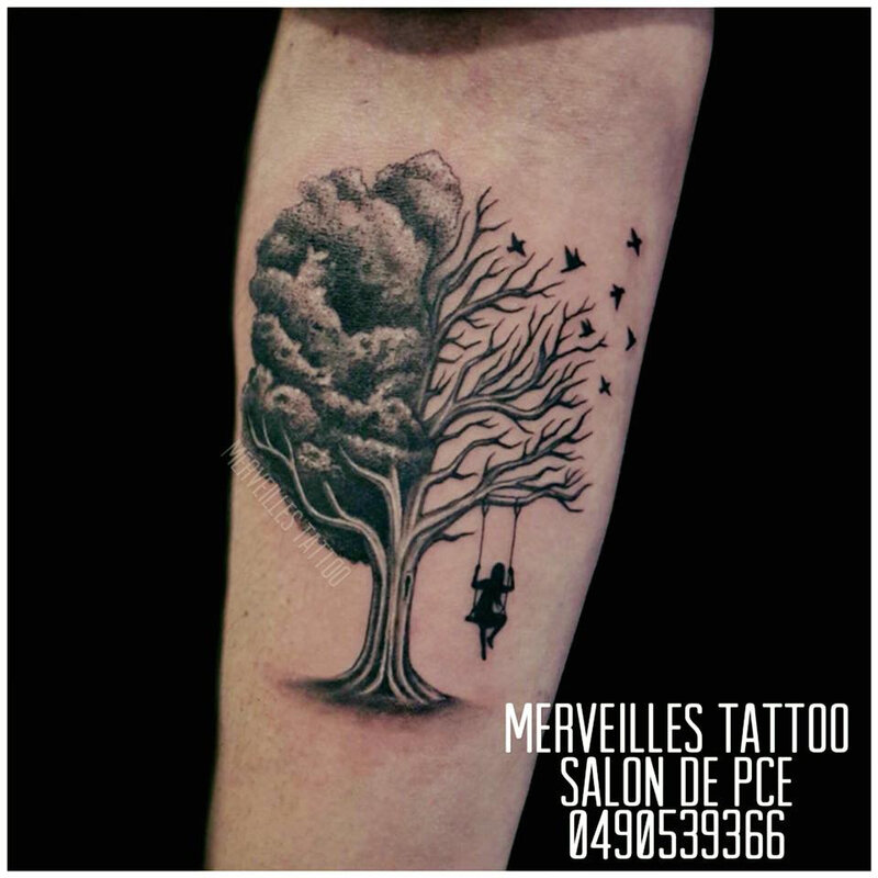 tattoo, arbre, balançoire, oiseaux, salon de provence