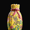 A highly important and superbly painted Beijing enamel falancai pouch-shaped glass vase, blue enamel mark and period of Qianlong (1736-1795); 18.2 cm. Estimate upon request. Lot sold 207,086,000 HKD. Courtesy Sotheby's.