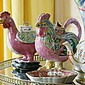 Two chinese export porcelain famille-rose cockerel-form teapots and covers. qing dynasty, 18th century