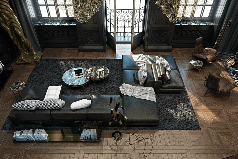 Distressed-leather-couch-high-French-windows-shagpile-rug-manor-esque-luxury