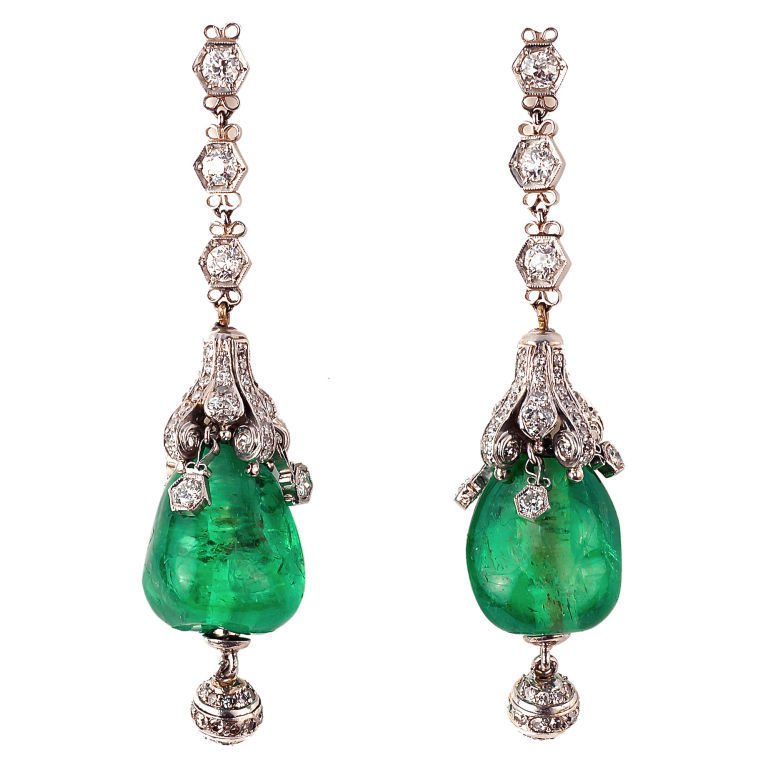 Cabochon Emerald and Diamond Art Deco Pendant Earrings, France, 1920 ...