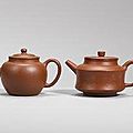 A finely potted yixing stoneware teapot and cover with another teapot. mid qing dynasty, signed feng youlan