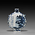 Jiaqing mark and of the period blue and white moon flask 清嘉慶 青花山水詩文穿帶扁壺 